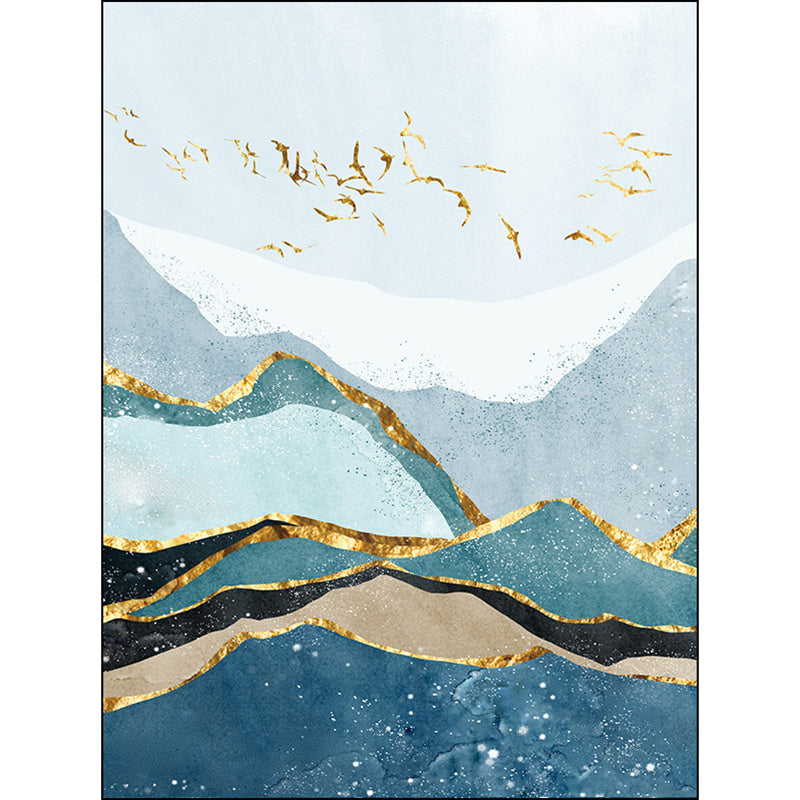 Blue and gold contemporary carpet polyester mountain bird pattern carpet washable non-slip underlay carpet for the living room | Bowlift