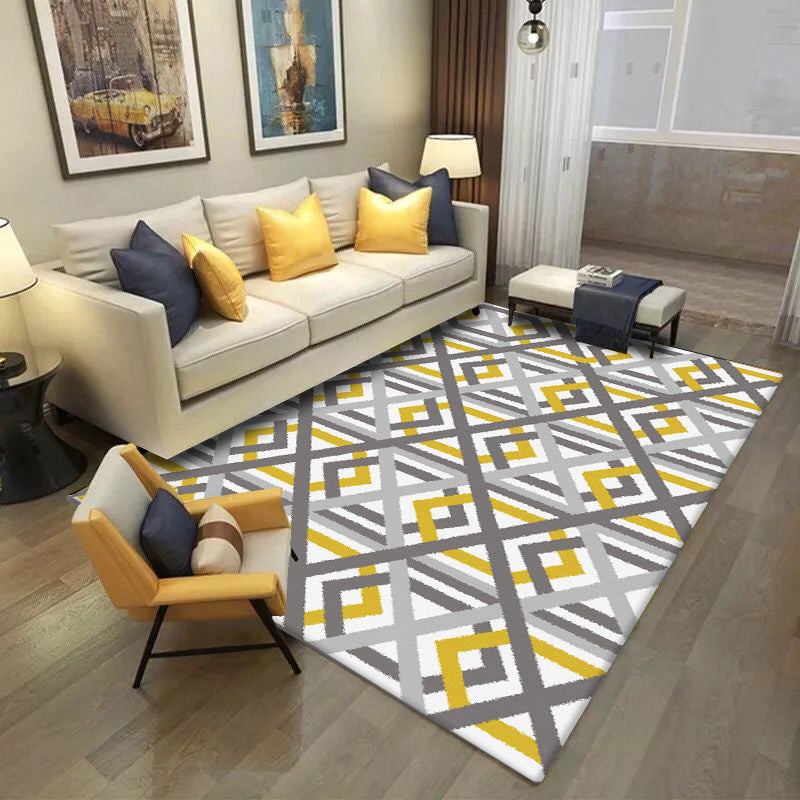 Modern living room rug in white Geometric hexagon diamond pattern rug Polyester Machine washable Pet-friendly rug | Bowlift