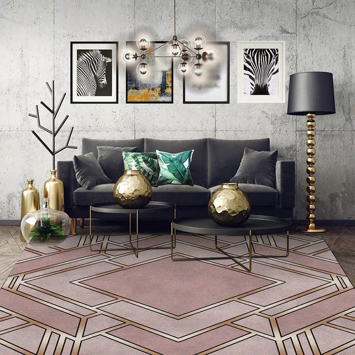 Nordic Geometric Print Rug Pink Polyester Rug Machine Washable Non-Slip Back Rug for Bedroom | Bowlift