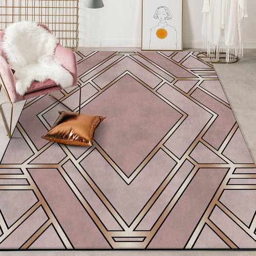Nordic Geometric Print Rug Pink Polyester Rug Machine Washable Non-Slip Back Rug for Bedroom | Bowlift