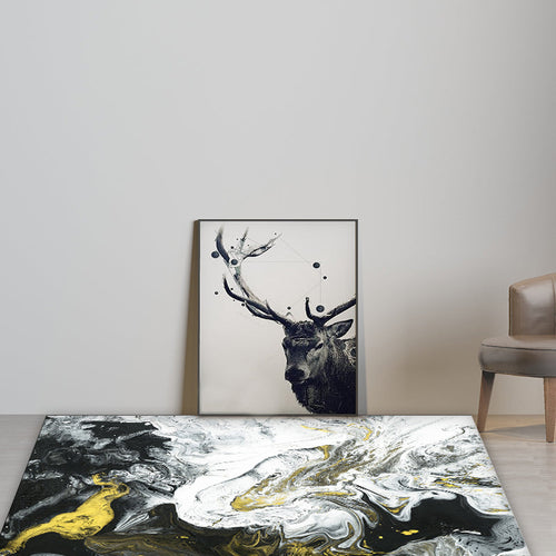 Scandinavian modern rug in black-and-white abstract paint print rug polyester washable rug for home decor | Bowlift