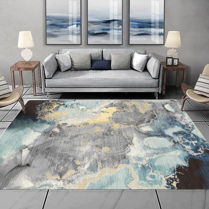 Blue and Gray novel rug Polyester watercolor print rug washable non-slip back rug for living room | Bowlift