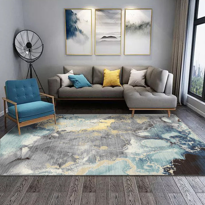 Blue and Gray novel rug Polyester watercolor print rug washable non-slip back rug for living room | Bowlift