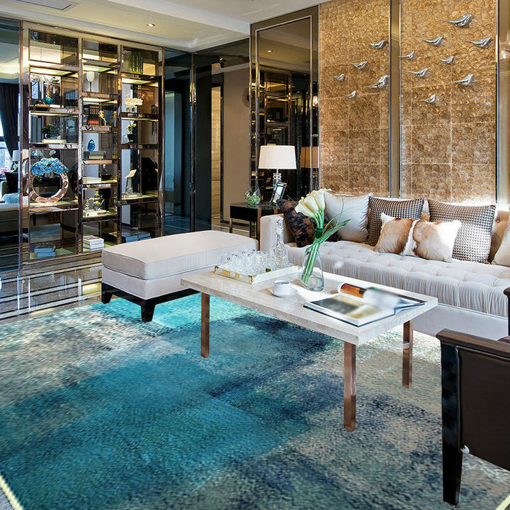 Modern oil painting patterned rug blue polyester rug washable non-slip back rug for bedroom | Bowlift