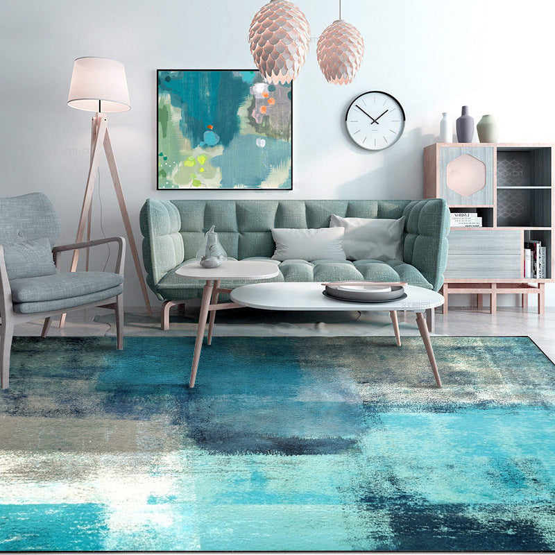 Modern oil painting patterned rug blue polyester rug washable non-slip back rug for bedroom | Bowlift