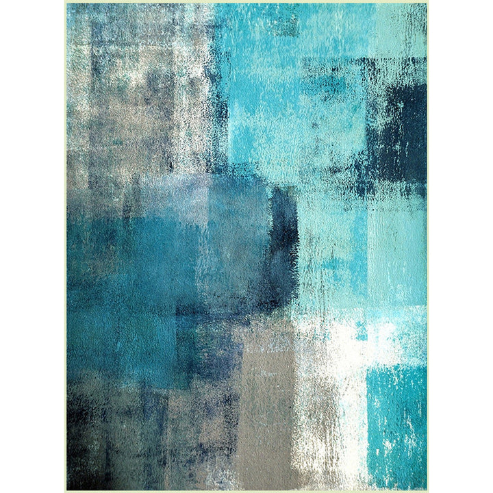 Modern oil painting patterned rug blue polyester rug washable non-slip back rug for bedroom | Bowlift