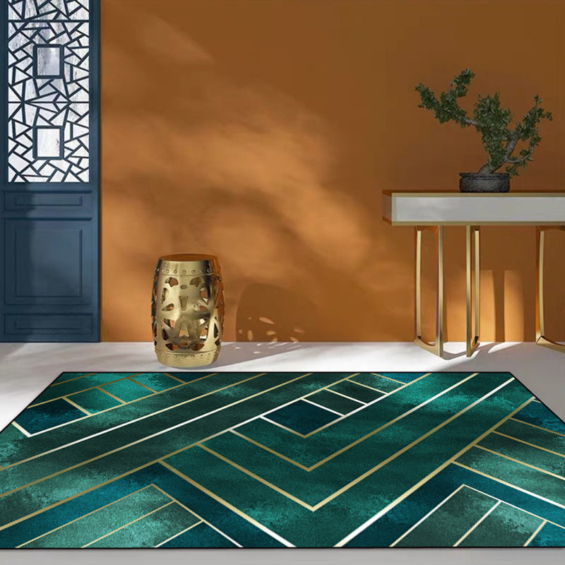 Classic geometric patterned rug Green contemporary rug Polyester washable non-slip backing rug for the living room | Bowlift