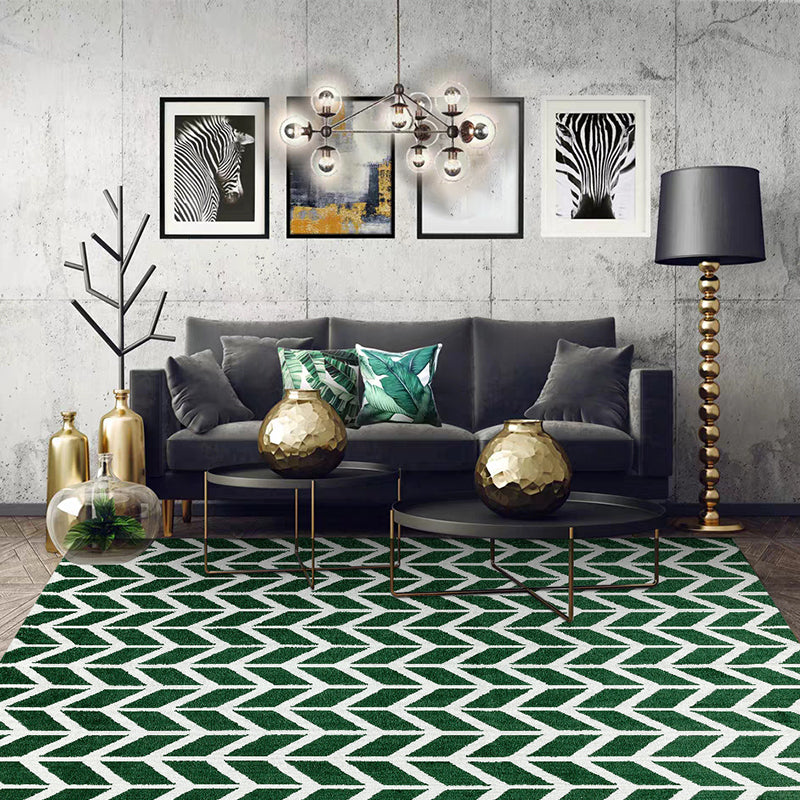 Modern living room rug in green geometric chevron print rug polyester machine washable area rug | Bowlift