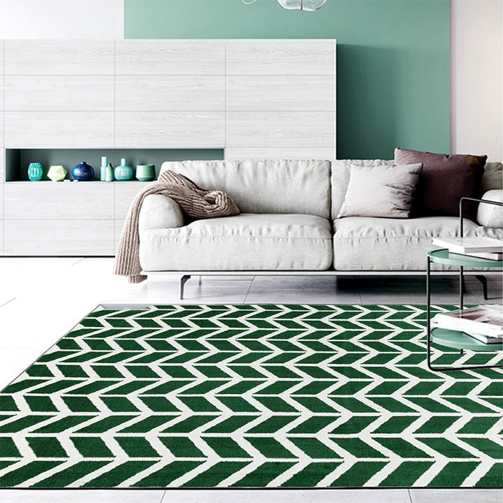 Modern living room rug in green geometric chevron print rug polyester machine washable area rug | Bowlift