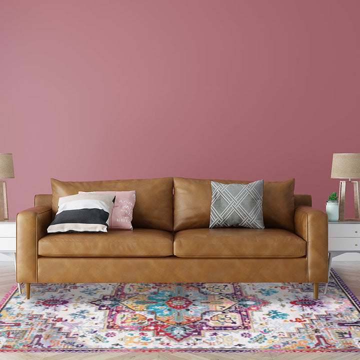 BowLift | Oriental Moroccan rug in pink medallion floral pattern rug polyester non-slip washable rug for home decoration