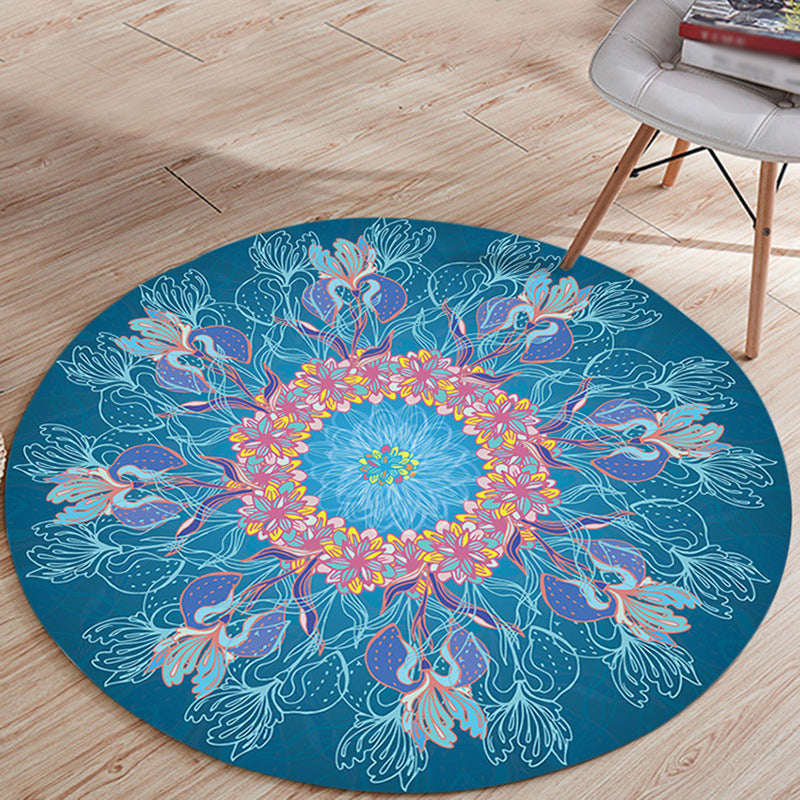 BowLift | Mediterranean Botanical Floral Pattern Rug Blue Flannel Rug Machine Washable Non-Slip Rug for Bedroom