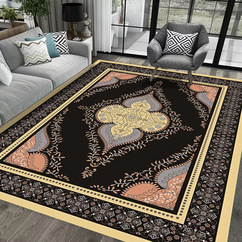 BowLift | Persian Moroccan rug in black medallion leaf-shaped flower pattern rug polyester anti-slip rug for home decor