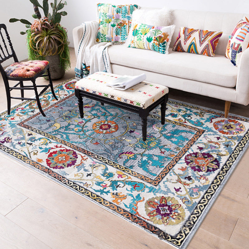 Blue and brown bedroom rug Moroccan medallion floral vine pattern rug polyester non-slip pet-friendly rug | Bowlift