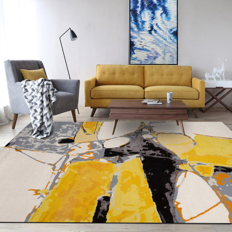 Modern watercolor pattern rug yellow and beige polyester rug washable non-slip backing rug for bedroom | Bowlift