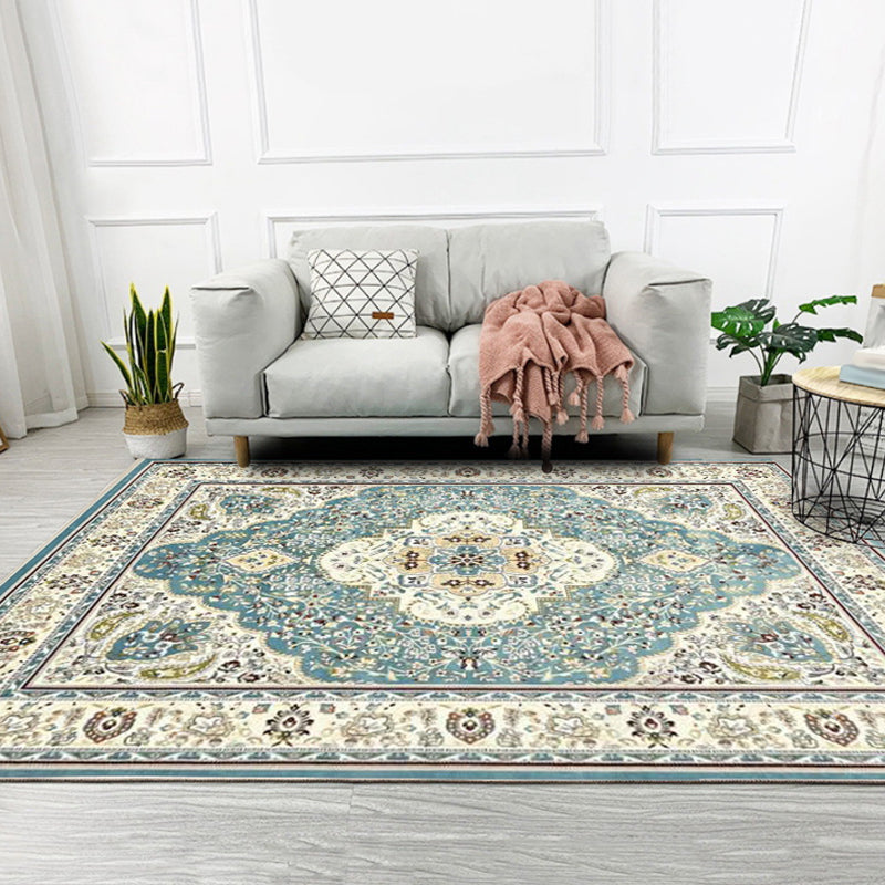 Moroccan living room rug in turquoise medallion floral pattern rug polyester non-slip stain-resistant area rug | Bowlift