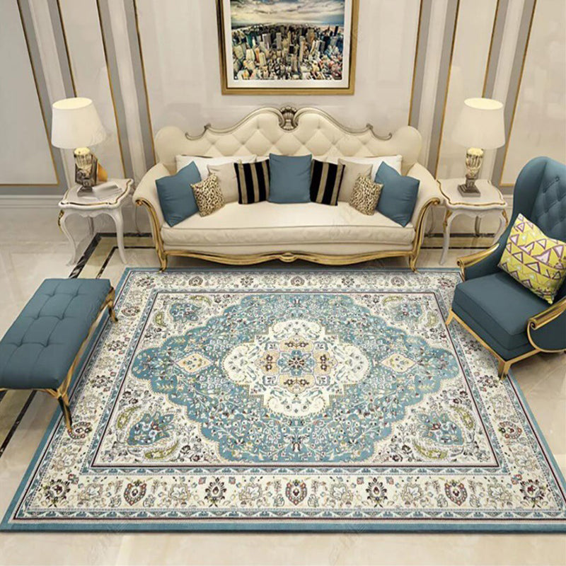 BowLift | Moroccan Living Room Rug in Teal Medallion Floral Pattern Rug Polyester Non-Slip Stain Resistant Area Rug