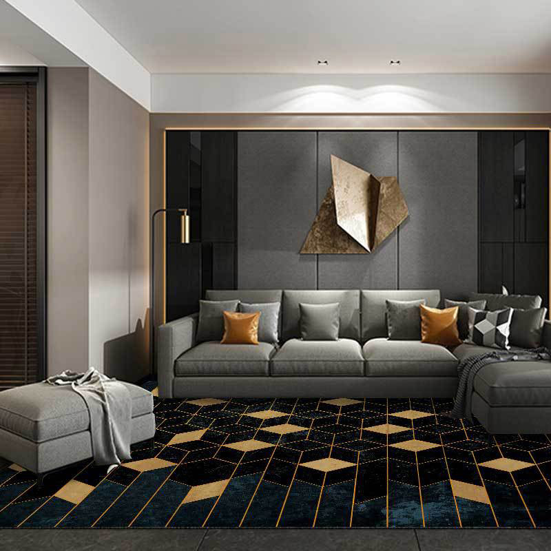 Funky Geometric Print Rug Black and Yellow Modern Rug Polyester Washable Non-Slip Back Rug for Living Room | Bowlift
