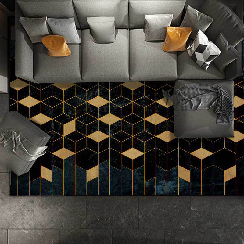 Funky Geometric Print Rug Black and Yellow Modern Rug Polyester Washable Non-Slip Back Rug for Living Room | Bowlift