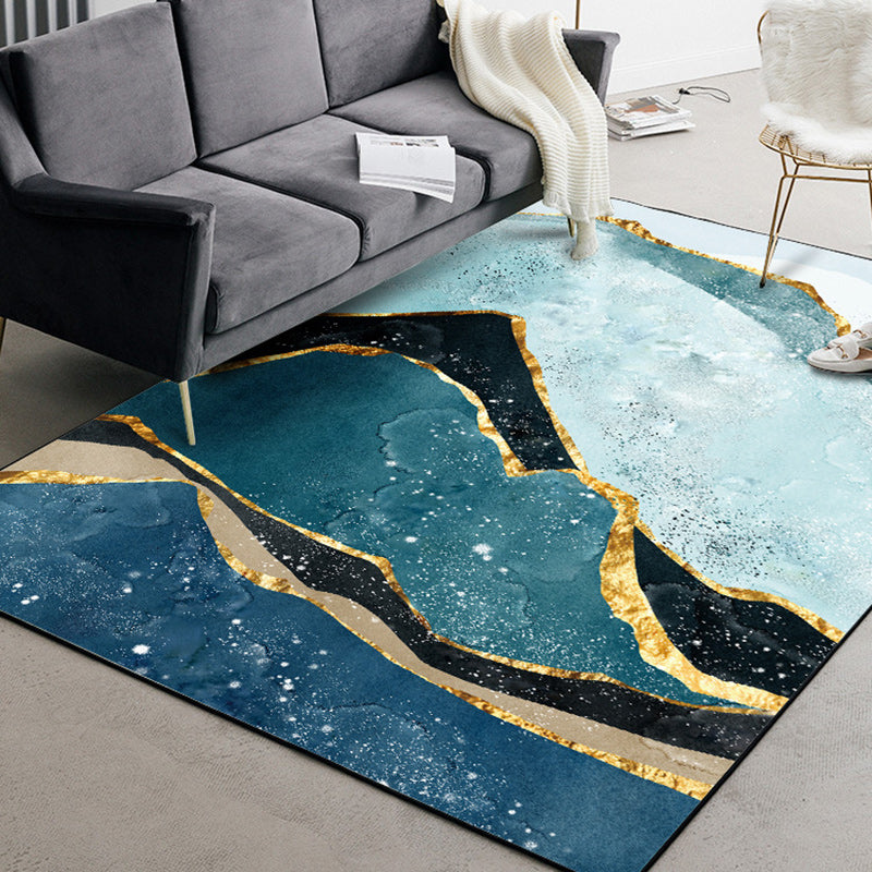 Contemporary painting rug with mountain green and blue polyester rug washable non-slip backing rug for the bedroom | Bowlift
