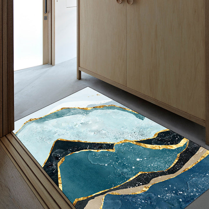 Contemporary painting rug with mountain green and blue polyester rug washable non-slip backing rug for the bedroom | Bowlift
