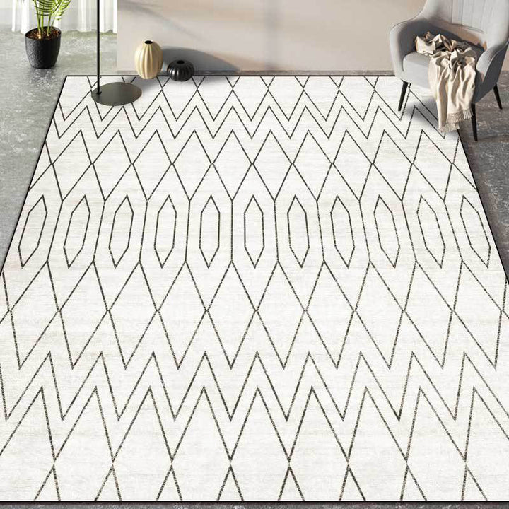 Minimalist modern carpet in white geometric diamond wave pattern carpet polyester machine washable carpet for home decoration | Bowlift