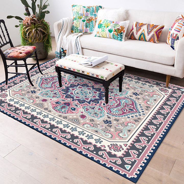 BowLift | Persian Moroccan carpet in purple medallion paisley flower pattern carpet polyester non-slip carpet for home decor