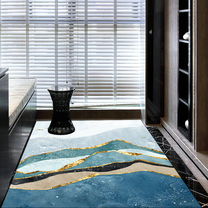Stylish mountain and bird print rug Blue and Green Modern rug Polyester Washable Non-slip backing Rug for the living room | Bowlift