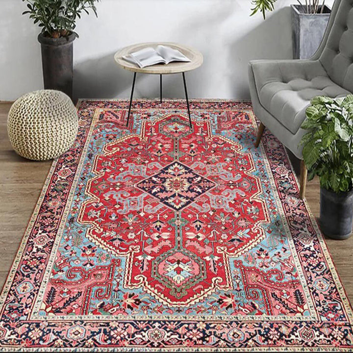 BowLift | Red Bedroom Rug Moroccan Medallion Flower Pattern Rug Polyester Pet Friendly Non-Slip Back Rug