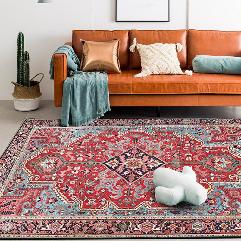 BowLift | Red Bedroom Rug Moroccan Medallion Flower Pattern Rug Polyester Pet Friendly Non-Slip Back Rug