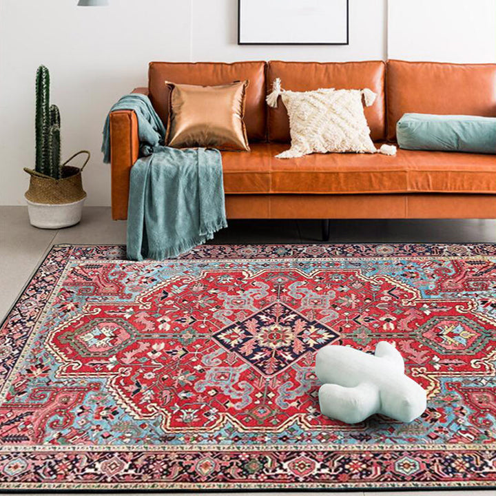 BowLift | Red Bedroom Rug Moroccan Medallion Flower Pattern Rug Polyester Pet Friendly Non-Slip Back Rug