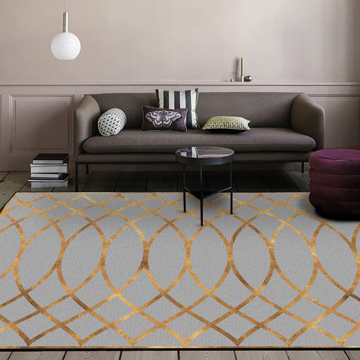 Contemporary geometric pattern rug gray and gold polyester rug machine washable non-slip backing rug for the bedroom | Bowlift