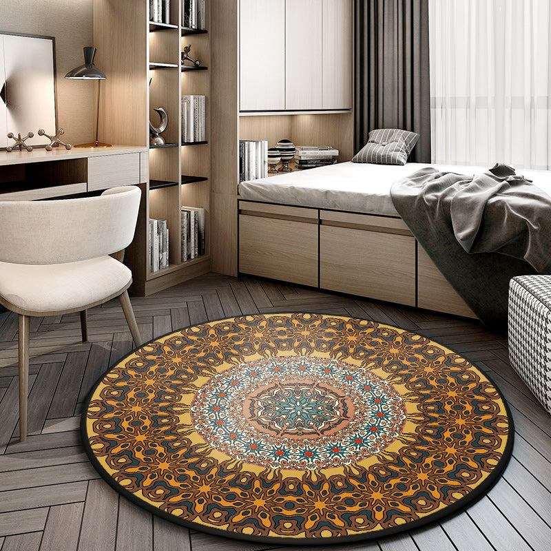 BowLift | Moroccan living room rug with brown flower circle print rug polyester non-slip machine washable rug