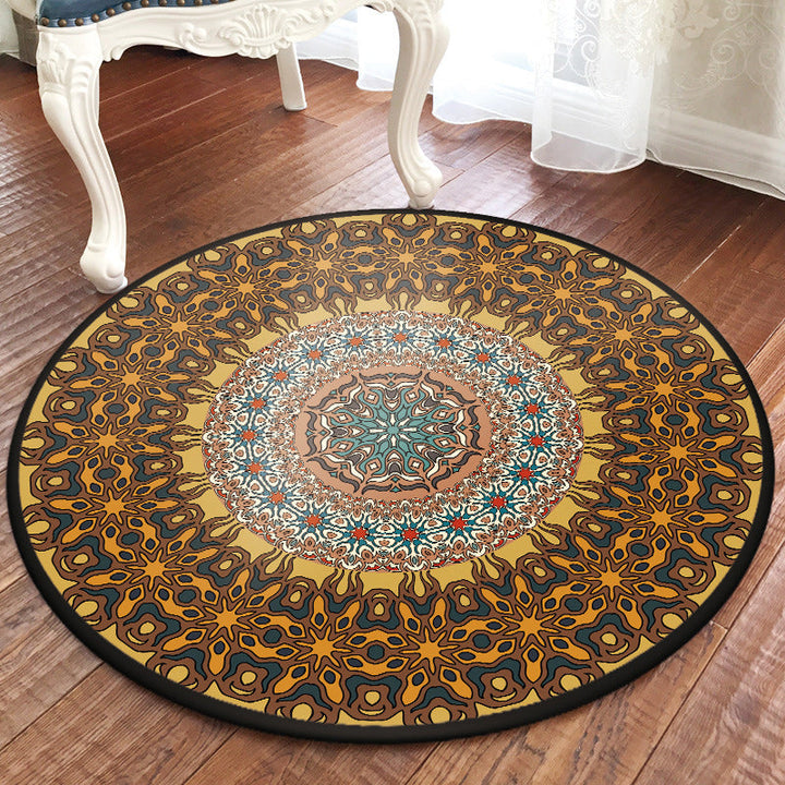 BowLift | Moroccan living room rug with brown flower circle print rug polyester non-slip machine washable rug