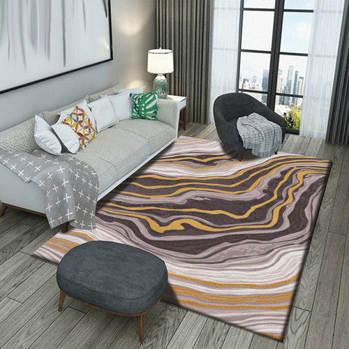 Minimalist modern rug in brown, abstract curved line pattern rug polyester washable non-slip rug for home decor | Bowlift