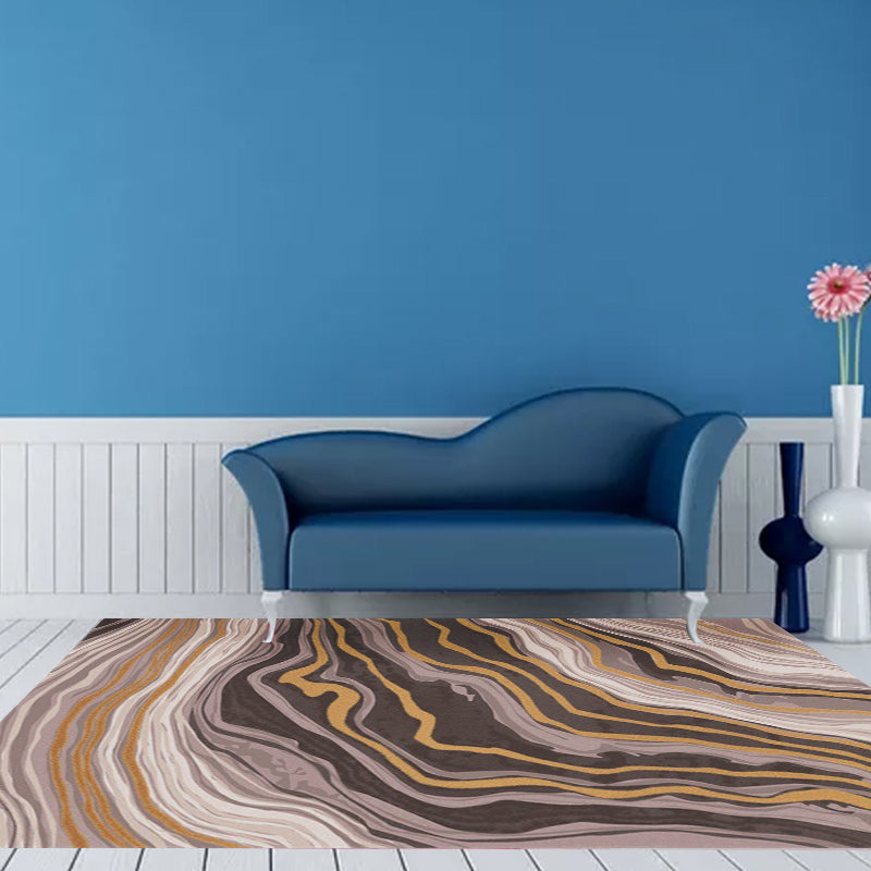 Minimalist modern rug in brown, abstract curved line pattern rug polyester washable non-slip rug for home decor | Bowlift