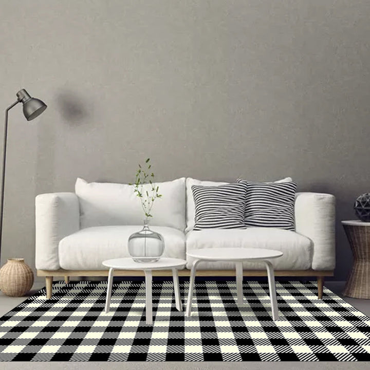 Modern living room rug in black-white small grid print rug polyester machine washable area rug | Bowlift