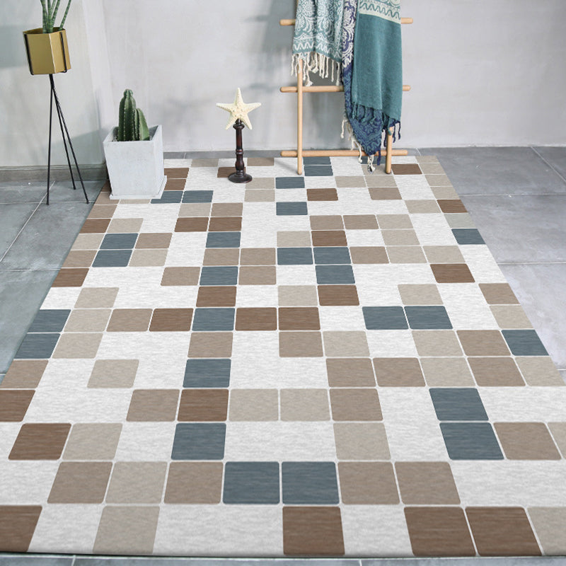 Minimalist Modern Rug in Ivory Check Pattern Rug Polyester Washable Non-Slip Rug for Home Decor | Bowlift