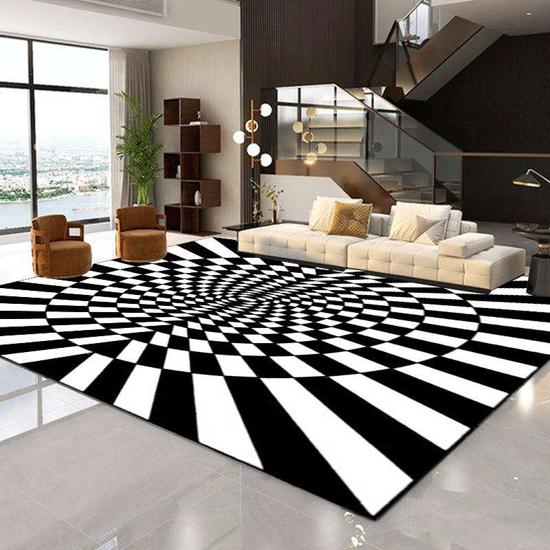 BowLift | Novelty Living Room Rug in Black and White 3D Circle Stripe Pattern Rug Polyester Pet-Friendly Washable Rug