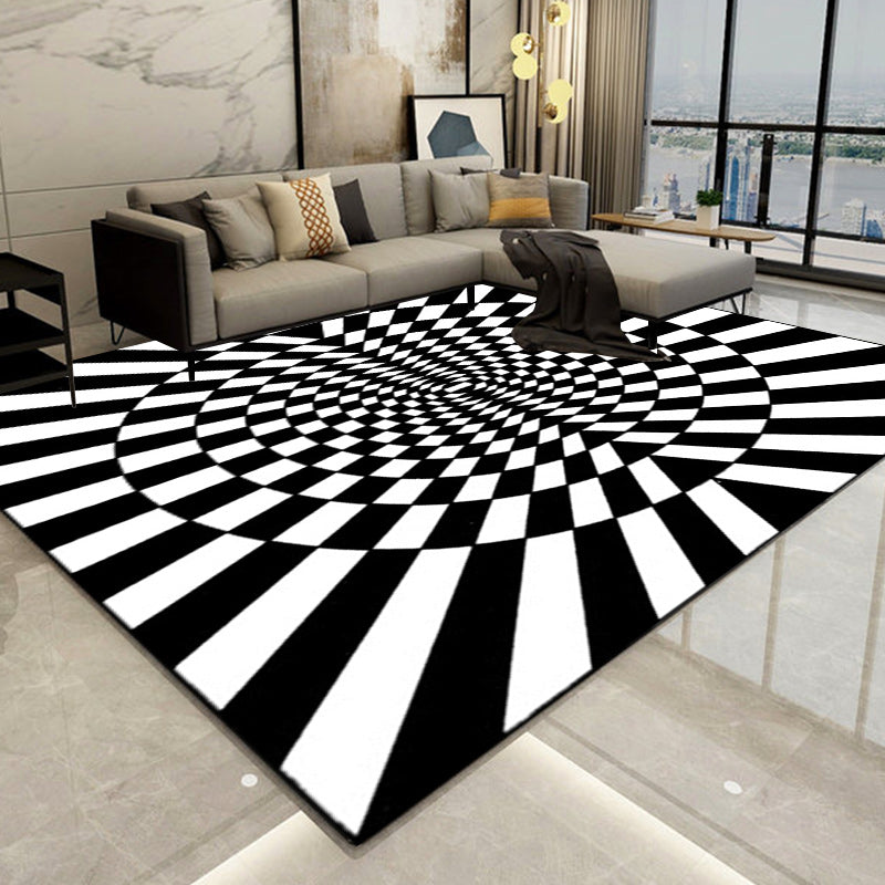 BowLift | Novelty Living Room Rug in Black and White 3D Circle Stripe Pattern Rug Polyester Pet-Friendly Washable Rug