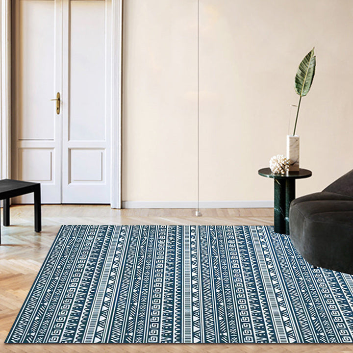 BowLift | Tribal South-West Rug in Blue Stripes Triangle Greek Key Pattern Rug Polyester Non-slip Living Room Rug for Home Decor
