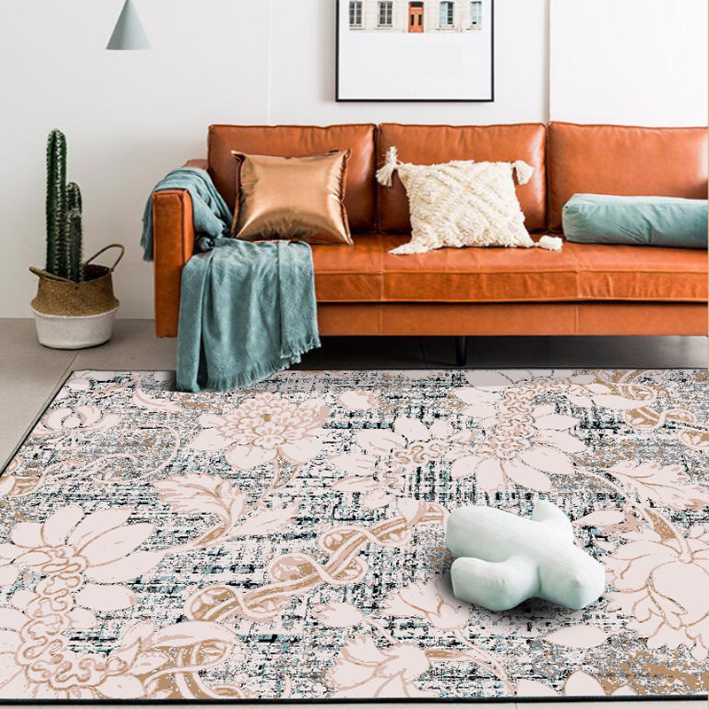 BowLift | Washed white floral patterned carpet with leaf pink shabby chic carpet washable polyester non-slip backing doormat for bedroom