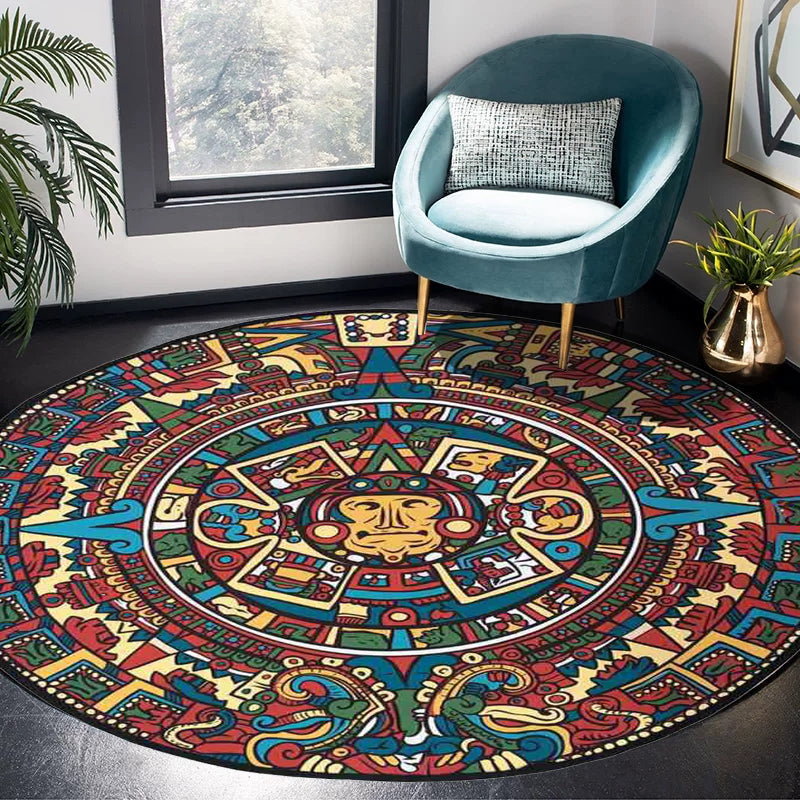 BowLift | Southwestern Living Room Rug in Red Tribal Animal Circle Print Rug Polyester Non-Slip Back Washable Floor Covering