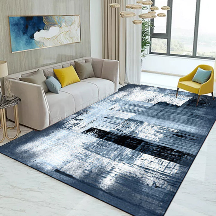 Modern living room rug in blue and white with abstract painting print rug polyester washable area rug | Bowlift