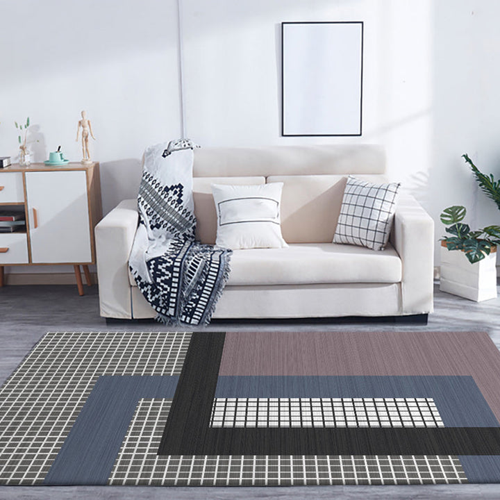 Gray and Purple Bedroom Rug Modern Color Block Small Checkered Pattern Rug Polyester Pet Friendly Rug | Bowlift
