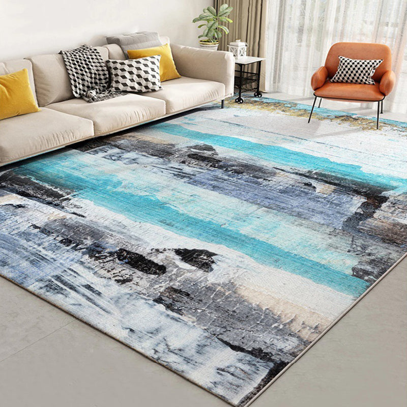 Modern living room rug in blue Abstract oil painting print rug Polyester washable stain-resistant area rug | Bowlift