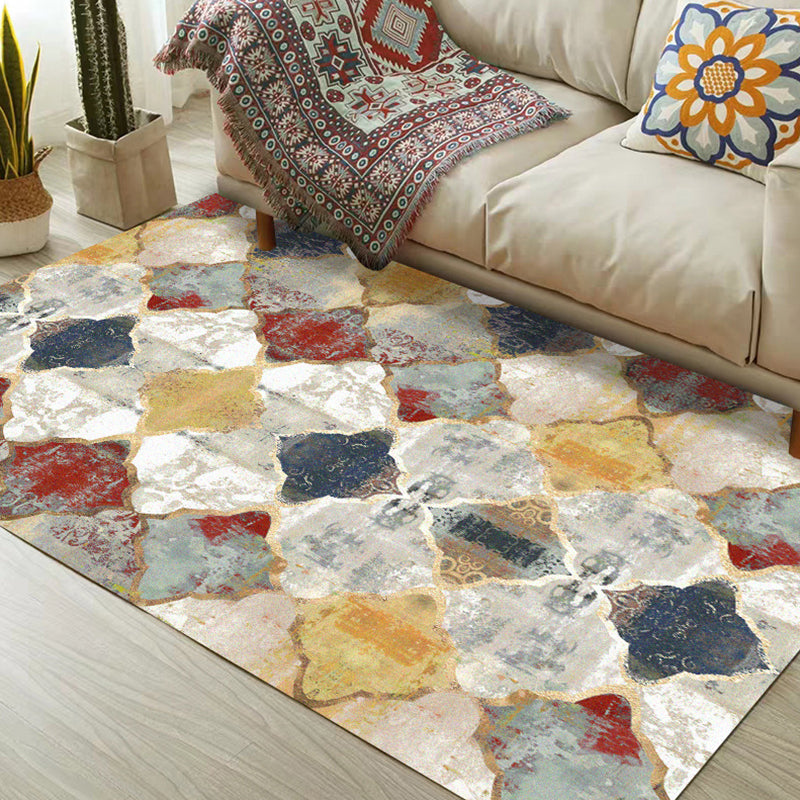 Ivory Bedroom Carpet Moroccan Geometric Pattern Area Rug Polyester Non-Slip Underlay Pet-Friendly Rug | Bowlift