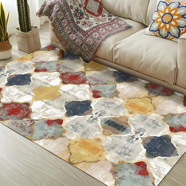 Ivory Bedroom Carpet Moroccan Geometric Pattern Area Rug Polyester Non-Slip Underlay Pet-Friendly Rug | Bowlift