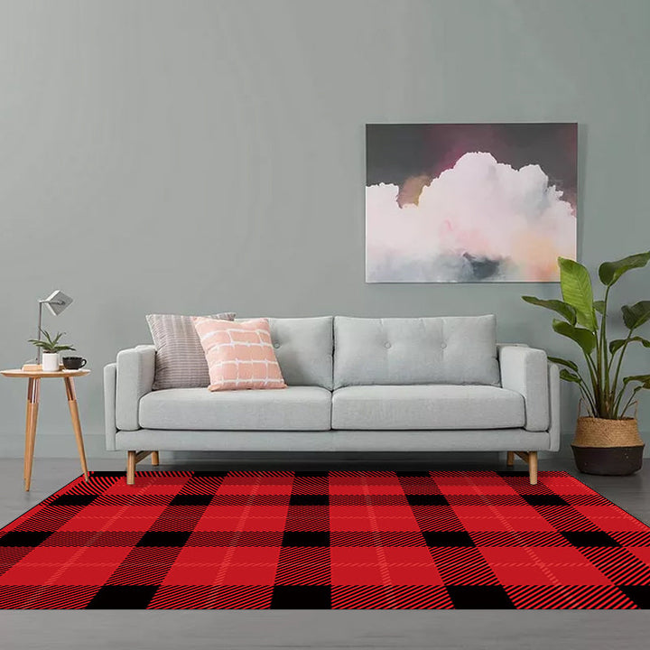 Modern living room rug in brown and red tartan pattern rug polyester pet-friendly area rug | Bowlift