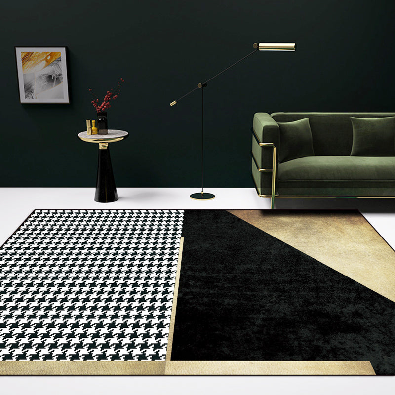 Black Bedroom Rug Modern Color Block Houndstooth Pattern Rug Polyester Pet Friendly Rug | Bowlift
