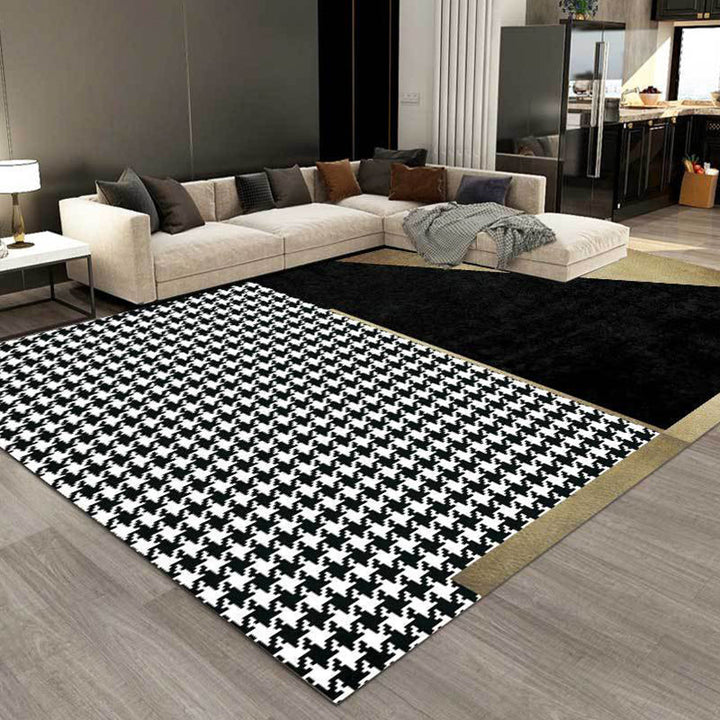 Black Bedroom Rug Modern Color Block Houndstooth Pattern Rug Polyester Pet Friendly Rug | Bowlift